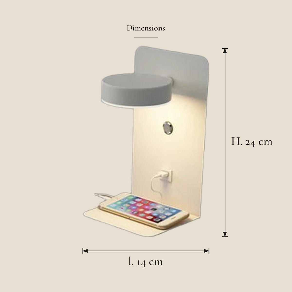Applique murale chambre avec port USB — dimensions en centimètres