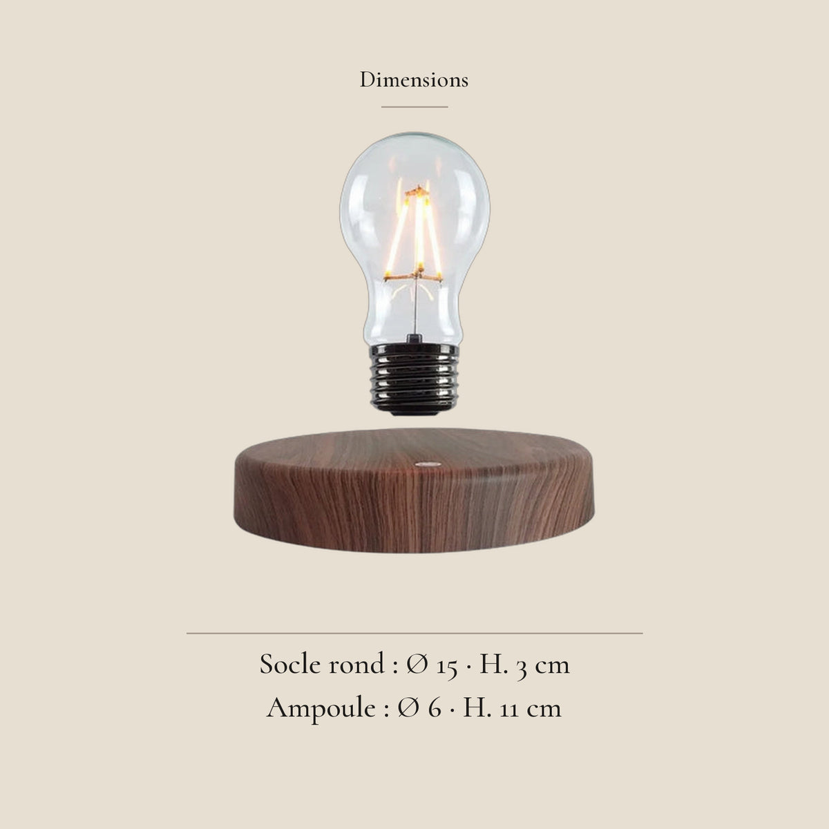 Lampe de bureau ampoule en lévitation — dimensions en centimètres