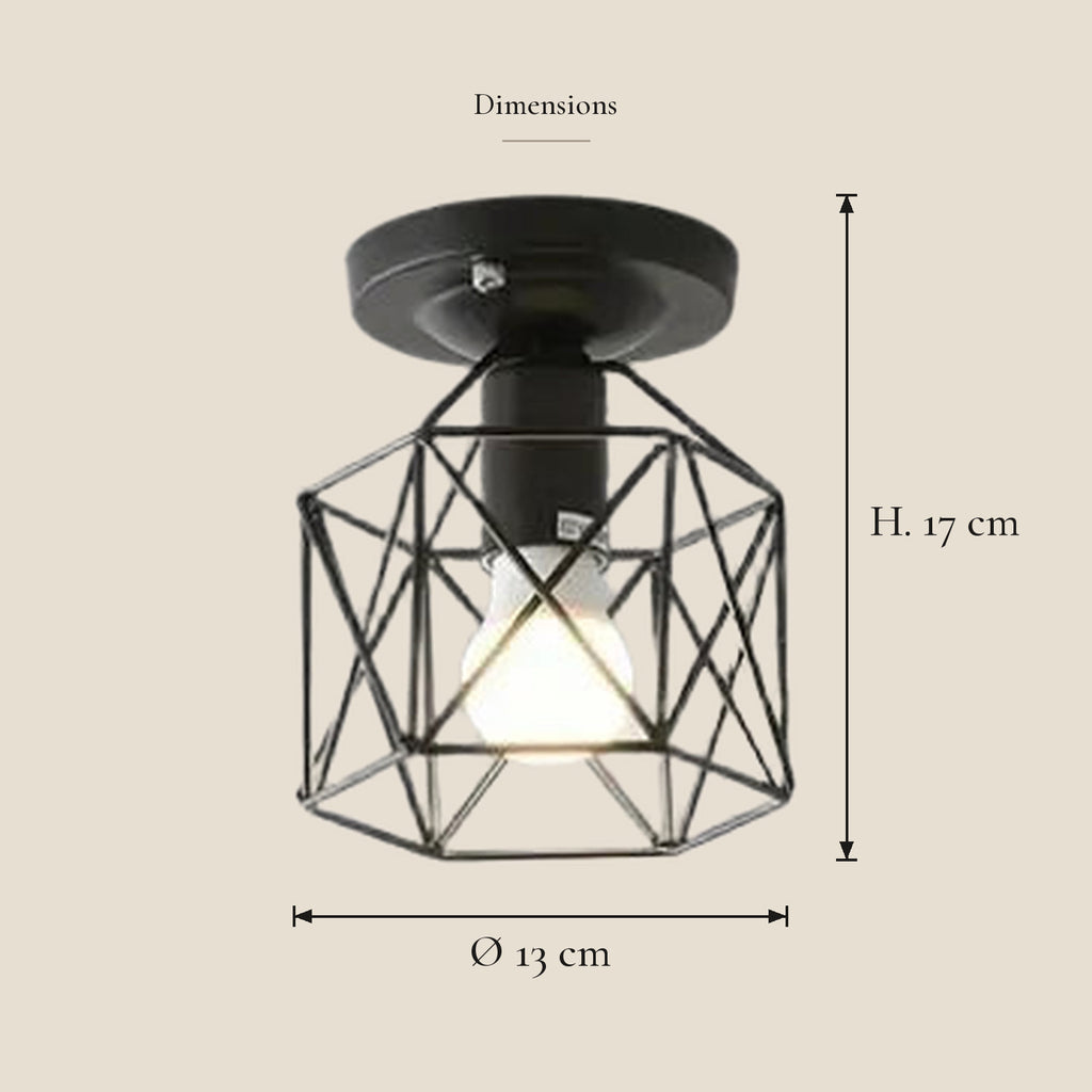Plafonnier cage hexagonale E27 noir ou doré — dimensions en centimètres