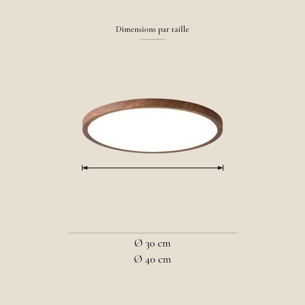 Plafonnier LED rond noyer Ø 40 cm — dimensions en centimètres