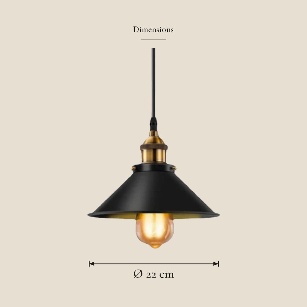 Suspension industrielle cône noir — dimensions en centimètres