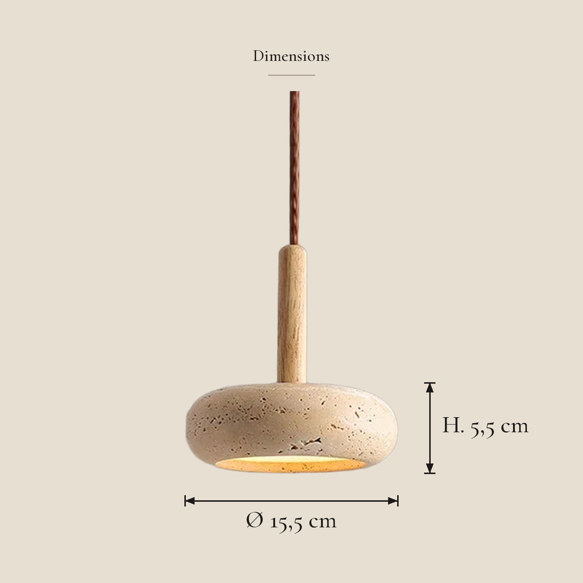 Suspension pierre travertin anneau — dimensions en centimètres