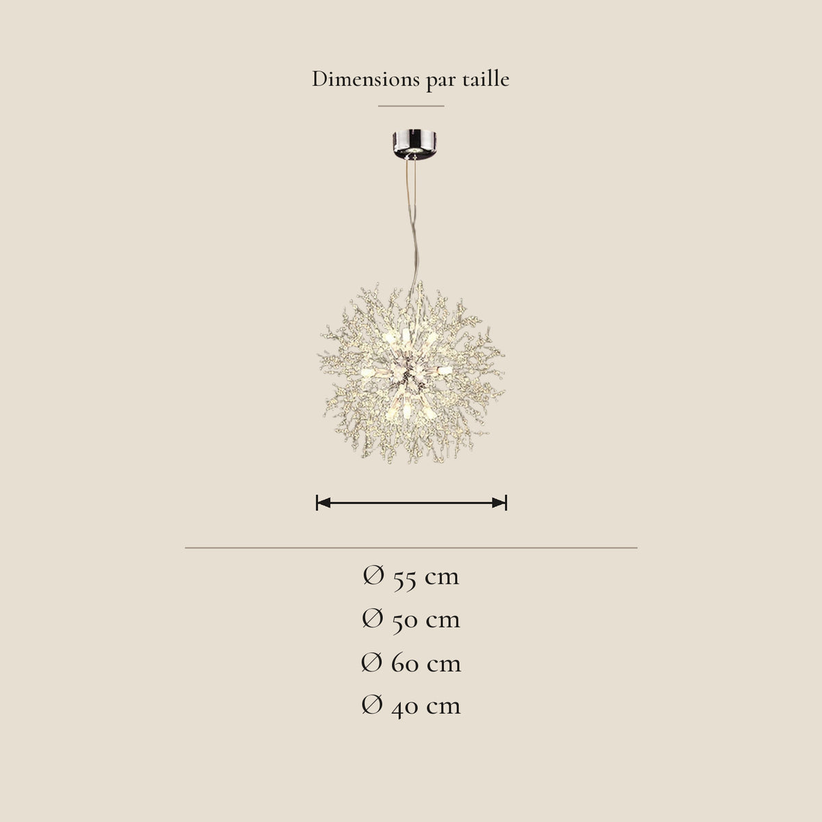 Suspension pissenlit LED 16 têtes Ø 60 cm — dimensions en centimètres